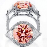 7.03 Ctw  Platinum Pink Round Cut Diamand Engagement Ring with 2 Trillion Cut Diamonds 